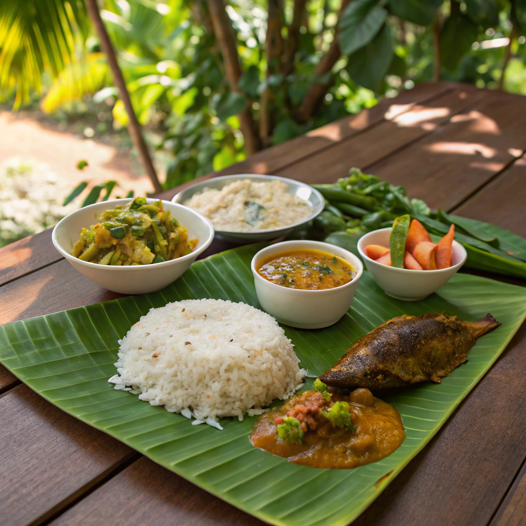 Spread of diverse Mangalorean coastal dishes on a traditional table