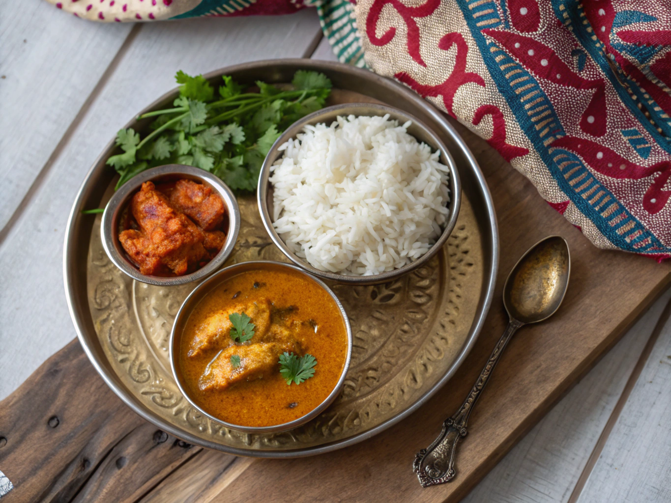 Traditional fish curry meal served with coconut gravy and rice