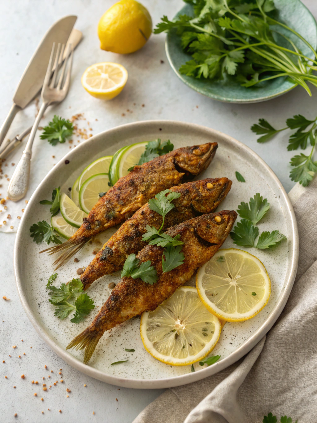 Crispy Kane Rava Fry ladyfish served with fresh lemon slices