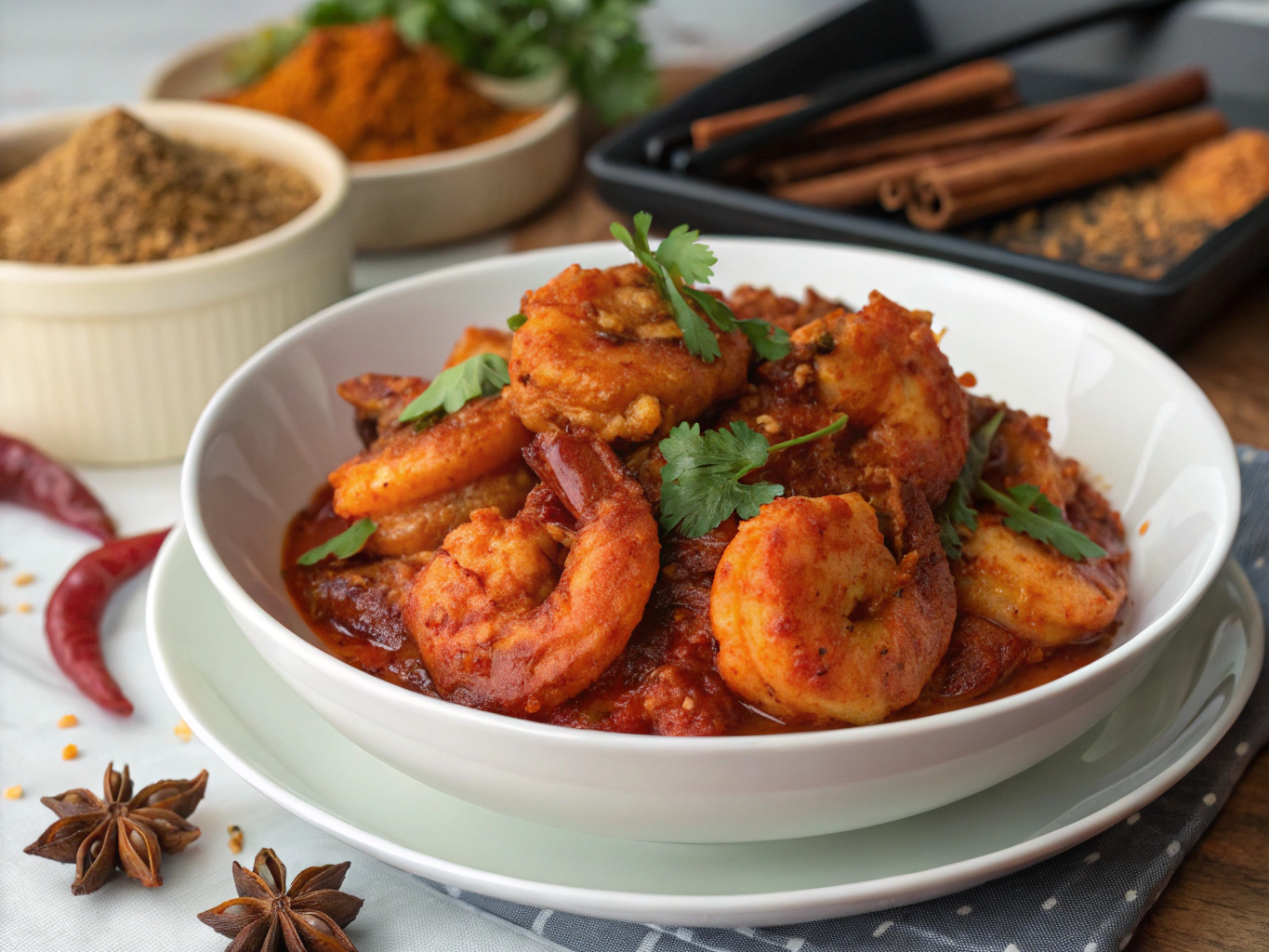 Succulent prawns in rich ghee roast curry with coastal herbs